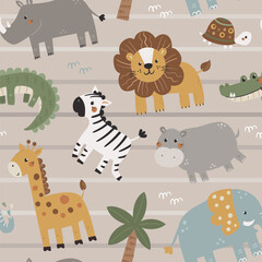 Seamless childish pattern with cute African animals.