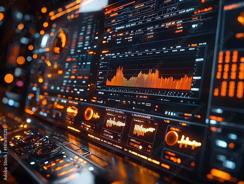 Poster futuristic trading app interface with animated financial data visualizations