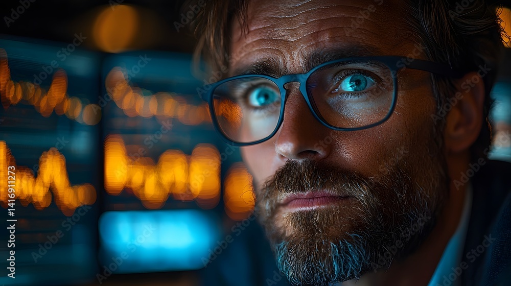 Poster focused trader analyzing market data on multiple displays