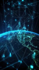 A digital depiction of Earth interconnected with luminous networks, illustrating global connectivity and technological advancement.