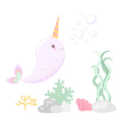 Cute narwhal and corals. Vector children's illustration © Tatiana