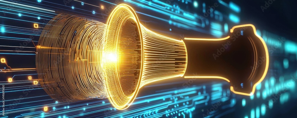 Poster a futuristic image of a speaker emitting vibrant sound waves against a backdrop of digital lines and