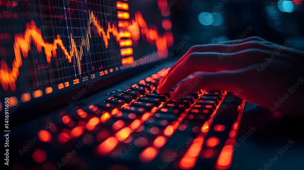 Poster hands typing on a keyboard with a glowing chart reflected on a nearby screen