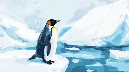 cute penguin resting on an ice floe in frozen landscape illustration