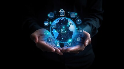 Fototapeta premium Global Business Vision: Businessman Holding Virtual Globe with Icons