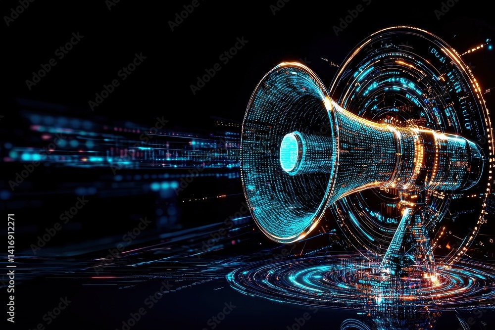 Poster a digital illustration of a speaker emitting sound waves, created with glowing lines and abstract pa