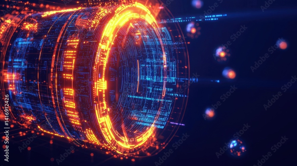 Poster a vibrant, futuristic digital design featuring glowing circular patterns and data streams, evoking t