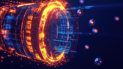 Obraz premium A vibrant, futuristic digital design featuring glowing circular patterns and data streams, evoking themes of technology and innovation.