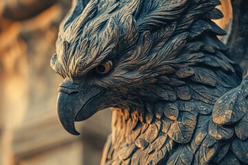 Fototapeta premium Majestic stone griffin sculpture with intricate feathers and intense gaze