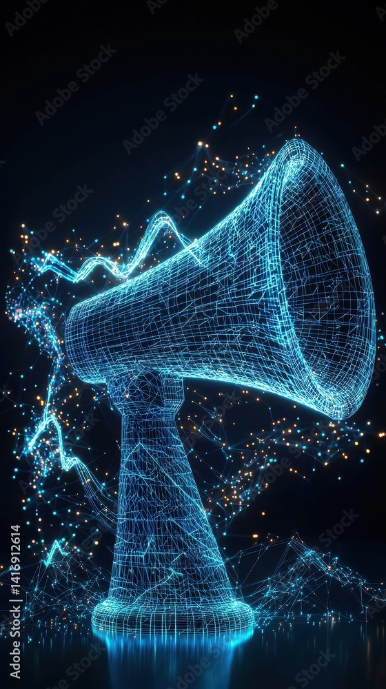 Poster a digital representation of a megaphone, composed of glowing wires, symbolizing sound and communicat