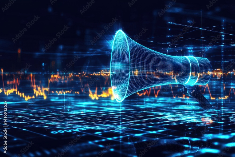 Poster a digital visualization featuring a megaphone, surrounded by glowing sound waves and data patterns, 
