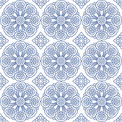 Blue Ornamental Seamless Pattern with Buddhist Wheel of Samsara and Azulejo Tile Motifs for fabric , wallpaper or wrapping paper. Botanical classic elegance print design.