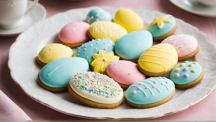 Fototapeta premium Festive Easter Celebration: A Delicate Plate Displaying Beautifully Decorated Egg-Shaped Cookies with Pastel Icing and Detailed Sprinkles.