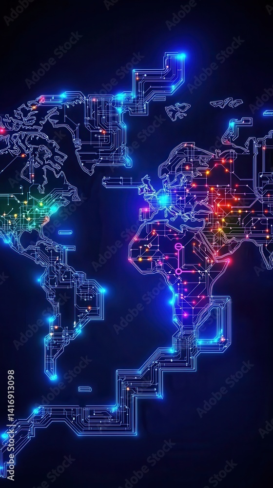 Poster a vibrant digital map of the world, showcasing interconnected lines and nodes, illuminated with colo