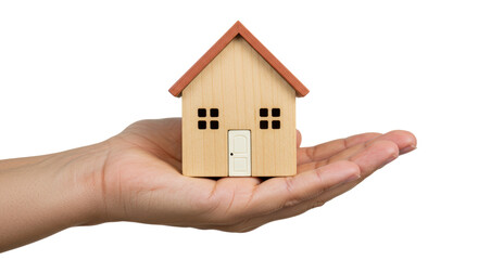 Isolated Hand Holding Small Wooden House Model