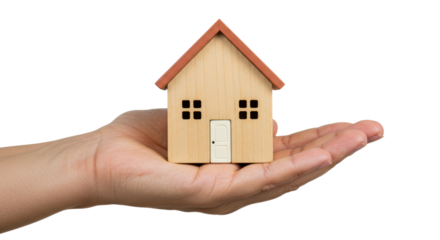 Isolated Hand Holding Small Wooden House Model