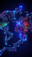 Obraz premium A vibrant digital map of the world, showcasing interconnected lines and nodes, illuminated with colorful lights, representing data or technology.