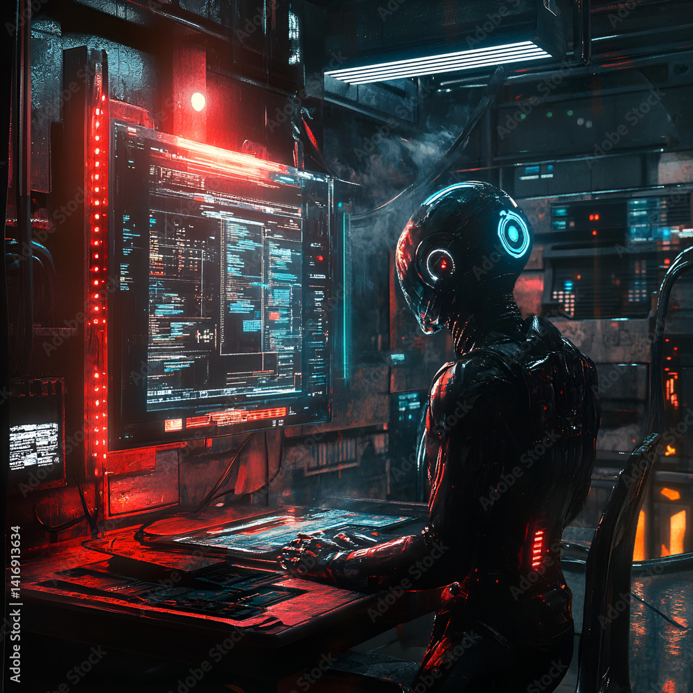 Poster futuristic game concept virtual world interactive experience cyber environment player perspective ai