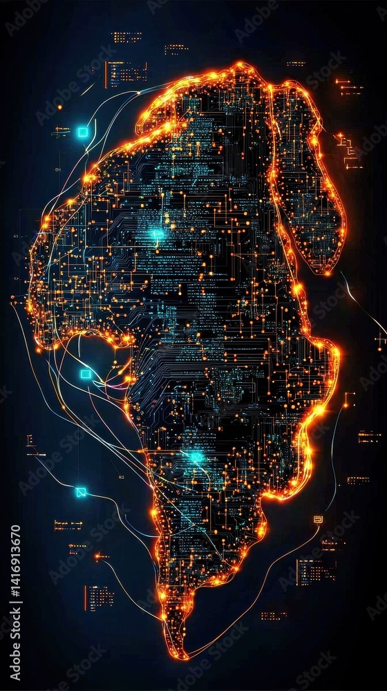 Poster a digital representation of a circuit board shaped like a continent, illuminated with bright lines a
