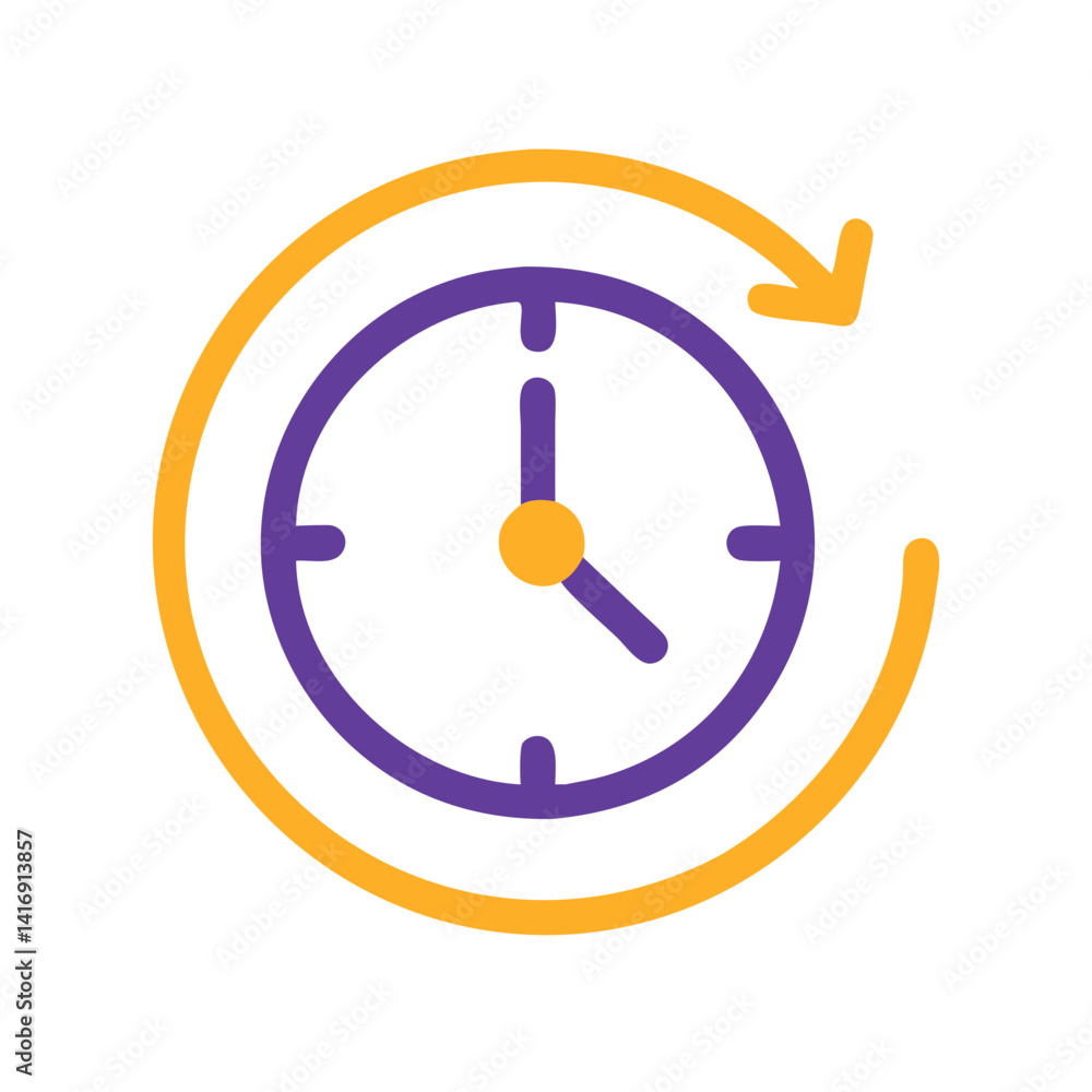Poster time loop icon, clockwise clock with rotation arrow