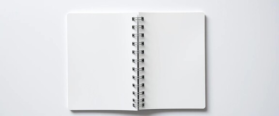 White spiral notebook, open flat, blank pages, top-down view, background, simple
