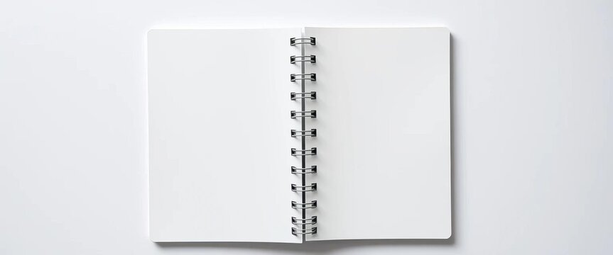 White spiral notebook, open flat, blank pages, top-down view, background, simple