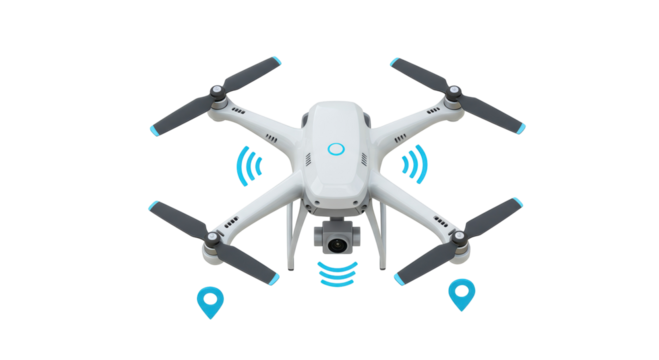 Isolated White Drone with GPS Navigation Signals