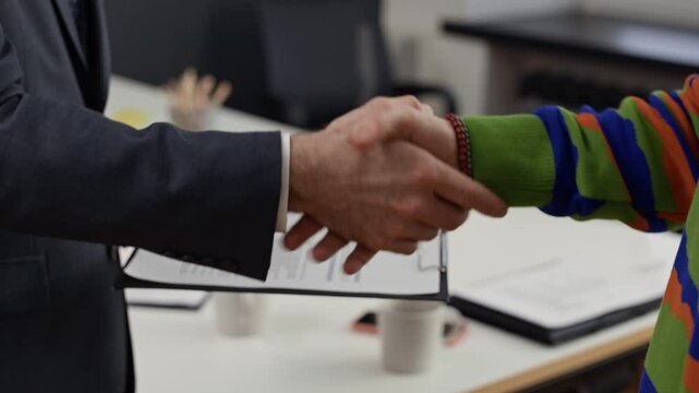 Cropped shot of anonymous employees shaking hands while meeting at modern office space