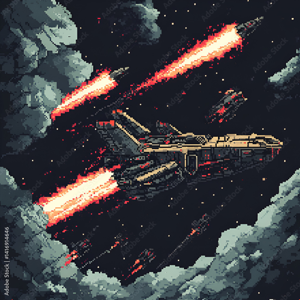Aufkleber ai-powered spacecraft defending against invaders outer space pixel art scene galactic environment si
