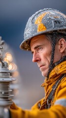 electrical maintenance worker in arc-rated coveralls harnessed to steel tower, insulated hotstick adjusting ceramic insulator clamp, oxidized aluminum crossarm with rust streaks, safety rope swaying