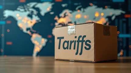 A cardboard box labeled "tariffs" is placed in front of a blurred world map and digital shipping data overlays, symbolizing global trade barriers, logistics