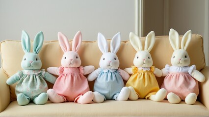 Five Colorful Plush Bunnies Dressed in Adorable Clothes, Sitting Neatly in a Row on a Tan Sofa