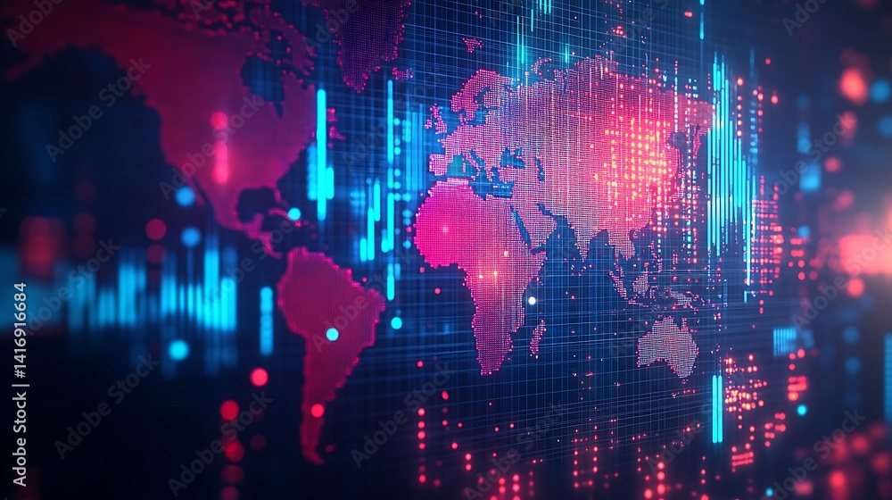Poster futuristic digital world map with glowing circuits, futuristic digital world map with glowing orange