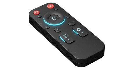 A close up shot of a sleek black remote control with illuminated buttons on a black background view angled