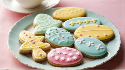 Fototapeta premium Delightful Easter Cookies Arranged Artistically on a Pale Blue Plate, Creating a Colorful and Tempting Scene for Sweet Celebrations.