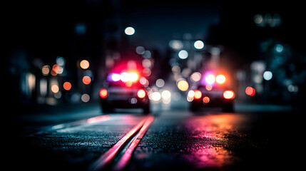 Blurred night image of police car with flashing red and blue lights