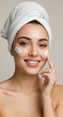 Happy woman applying cream to both cheeks during skincare routine