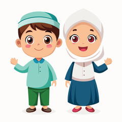 Fototapeta premium Friendly Muslim children, boy and girl, waving