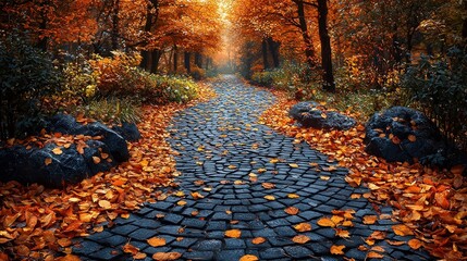 Serene autumn pathway lined with orange leaves and glowing trees in the forest