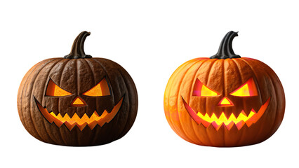 Obraz premium Two menacing jack-o'-lanterns glowing with eerie orange light against a stark white background, ready to haunt Halloween night.