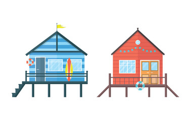 Beach house icons with surfboard, lifebuoys. Overnight houses, changing rooms.