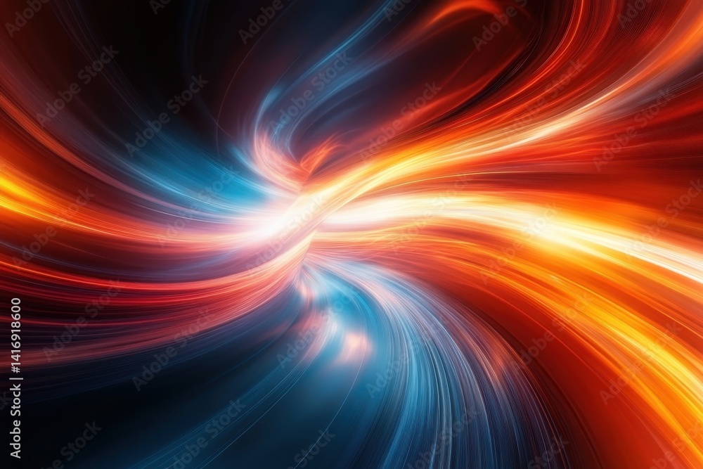 Poster vibrant abstract swirls of blue and orange light creating dynamic patterns in a dark background