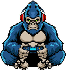Blue Gorilla Monkey playing game with joystick and headphone isolated cartoon character illustration