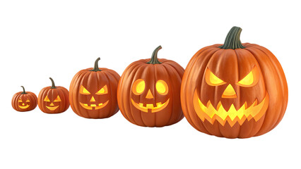 Mischief Makers: A playful family of glowing jack-o'-lanterns, each with a unique spooky grin, ready to light up Halloween night against a bright white background.