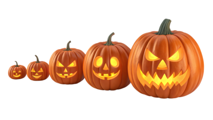 Mischief Makers: A playful family of glowing jack-o'-lanterns, each with a unique spooky grin, ready to light up Halloween night against a bright white background.