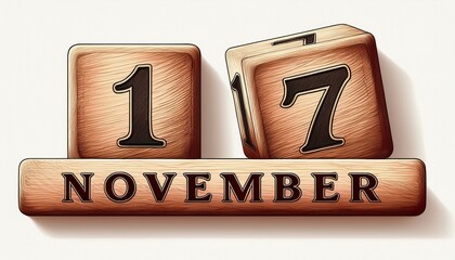 Illustration of wooden blocks with date 17 November. Day and month, simple calendar