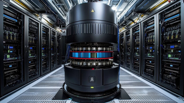AI-driven quantum computing core enhances processing of NP-hard problems in a sleek futuristic server room