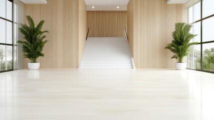 Fototapeta premium Modern minimalist interior with wooden wall and white stairs