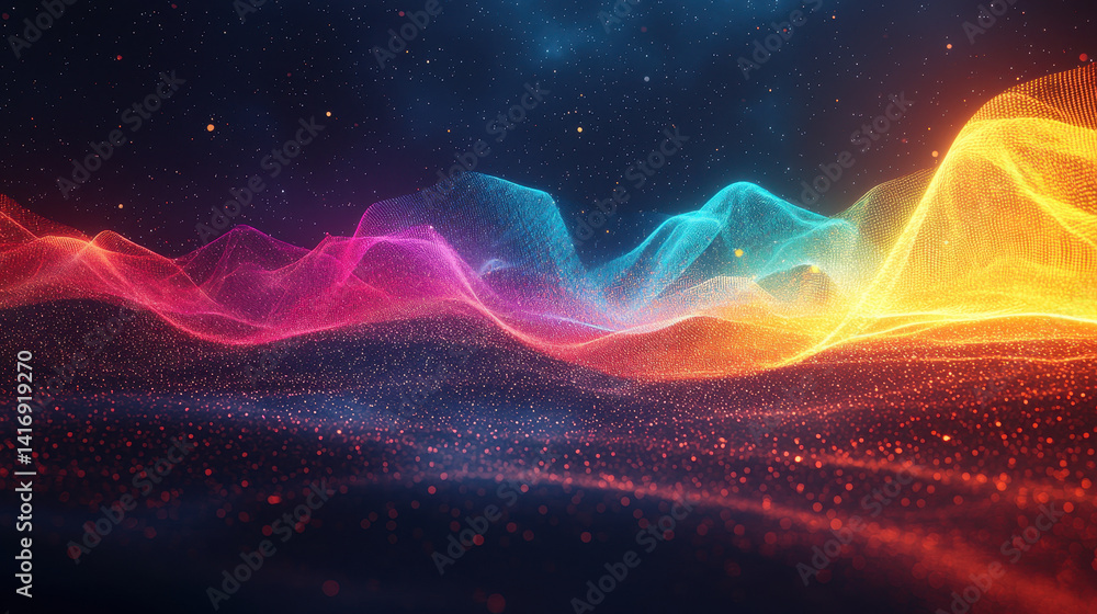 Poster artistic representation of a photonic neural network with vibrant geometric shapes illuminating the 