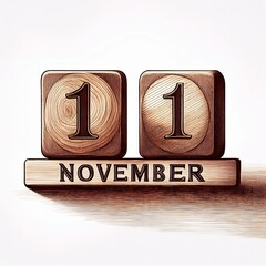Illustration of wooden blocks with date 11 November. Day and month, simple calendar